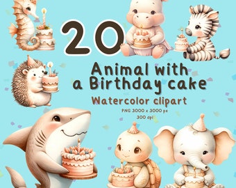 Acquerello animale con una clipart di torta di compleanno per adesivo, conferenza, biglietto d'invito