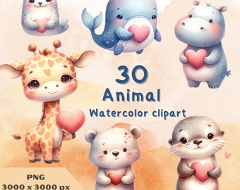 Set di clipart per animali ad acquerello con cuore in mano - Adorabili PNG artistici per la scuola materna, illustrazioni di simpatici cuccioli di animali per la lavorazione