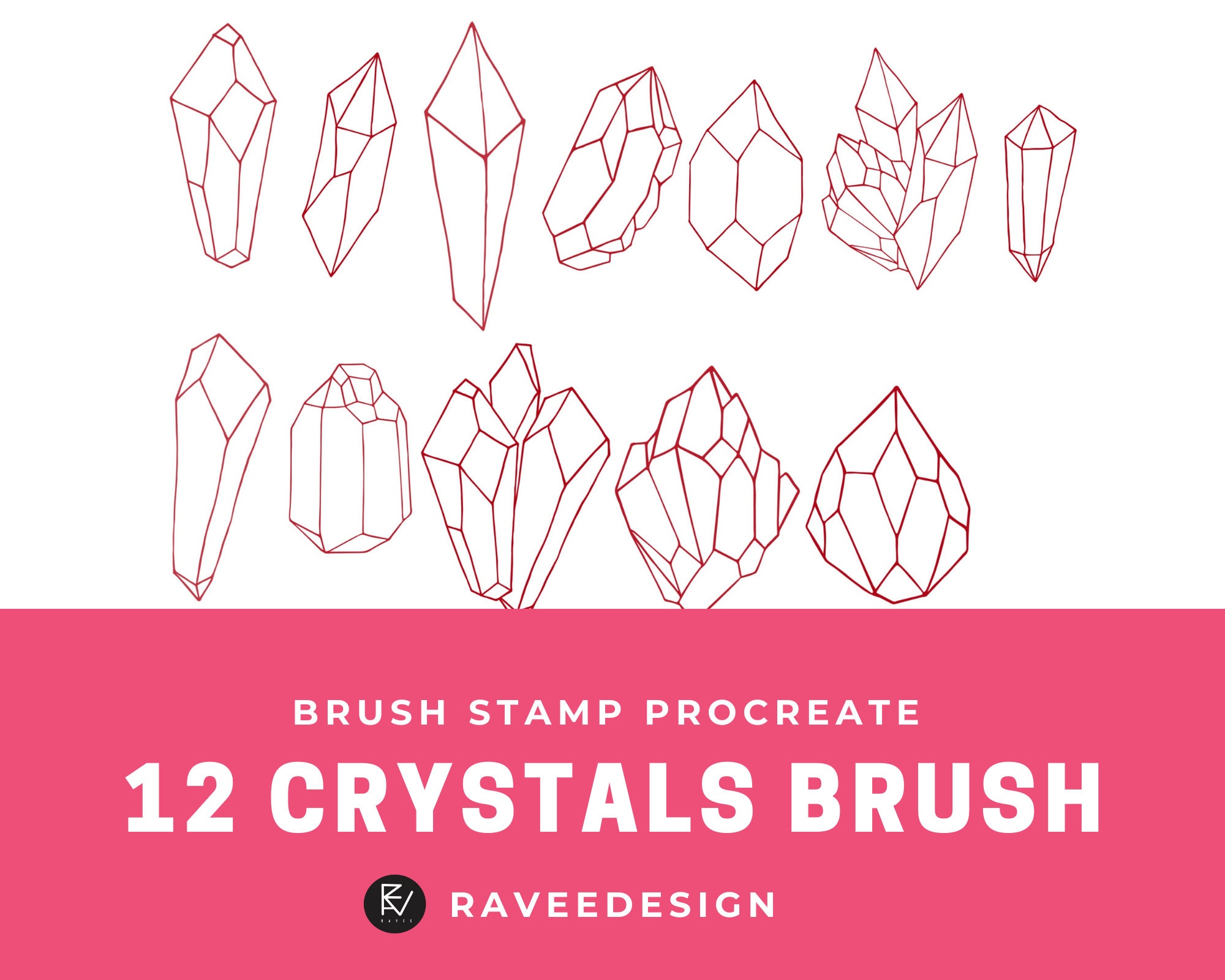 12 sellos de pinceles Procreate de cristal y piedra para iPad — Set de texturas y contornos de gemas