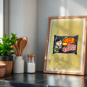 Posterillustration würziger koreanischer Buldak-Nudeln - Aquarell und Buntstift - digitales Ölpastell