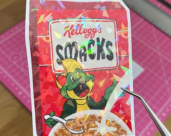 Large Smacks holographic sticker 11x8cm - retro vintage cereal box sticker - glossy and waterproof