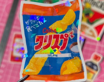 Holographic sticker of a packet of Calbee chips, Japanese brand, 4.5 x 6 cm