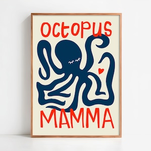 Poster Octopus Mamma - disegnato a mano - disponibile in diverse dimensioni - Festa della Mamma - decorazione retrò vintage
