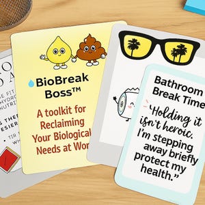 Könnte beinhalten: Eine Sammlung von Karten mit humorvollen Illustrationen und Texten. Eine Karte zeigt einen gelben Tropfen und eine braune Kackfigur mit dem Text "BioBreak Boss". Eine andere Karte zeigt Sonnenbrillen mit Palmenreflexionen. Eine dritte Karte lautet "Bathroom Break Time".