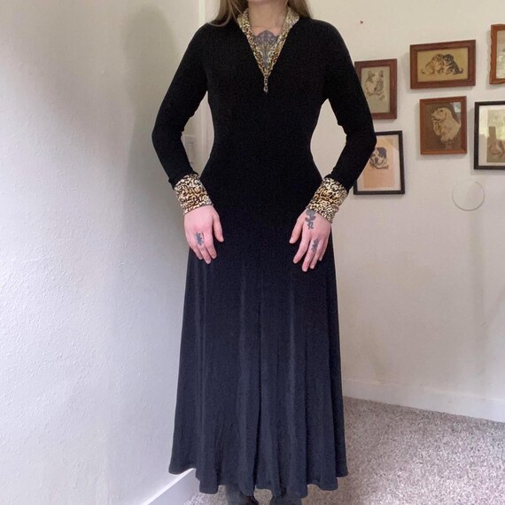 80s Vintage Black Slinky Maxi Dress With Velvet Leopard Print Collar and  Wrist Cuffs - Etsy