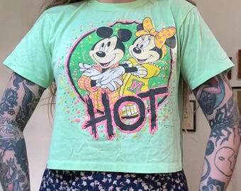 90s vintage mint green boxy cropped single stitch Mickey and Minnie Mouse “Hot” tshirt