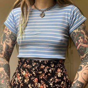 80s vintage pale blue and white striped single stitch baby tee