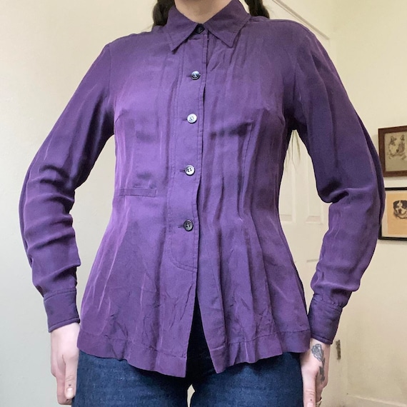 Y2K designer purple silk structured peplum blouse - image 1