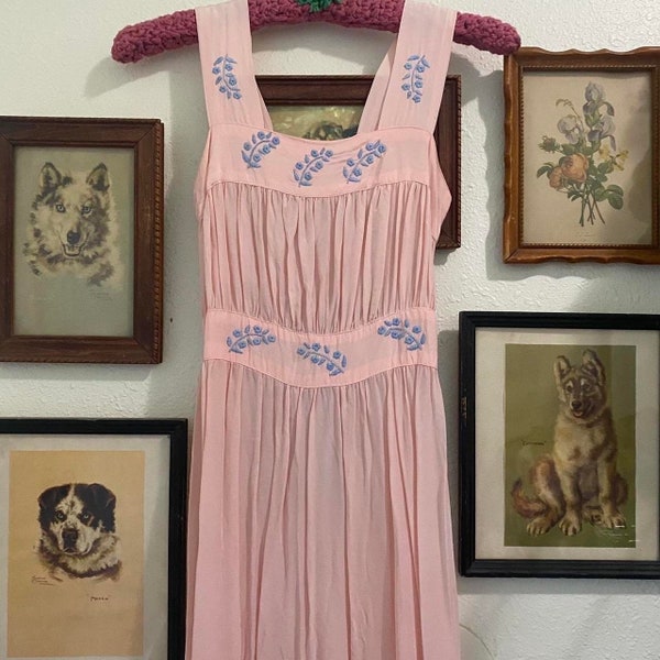 1940s vintage pale pink and periwinkle floral embroidered milkmaid slip dress
