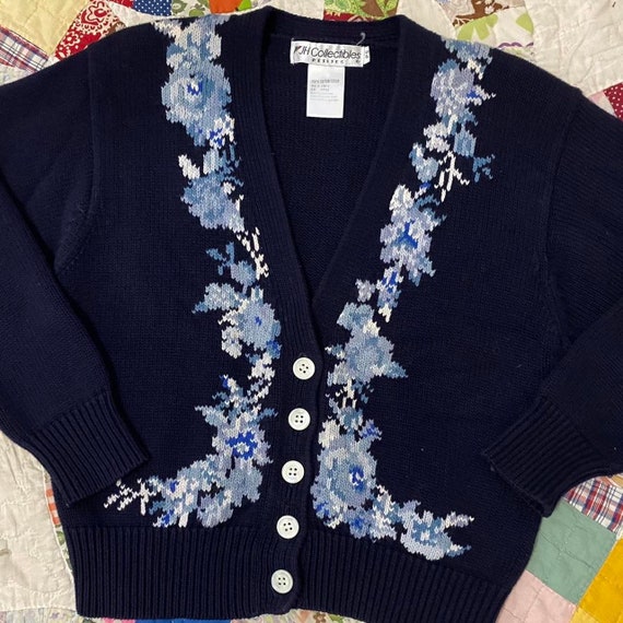 80s vintage navy blue floral cotton cardigan swea… - image 6