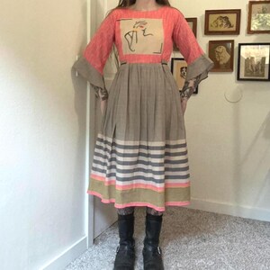 80s vintage Indian lady graphic flutter sleeve striped maxi dress