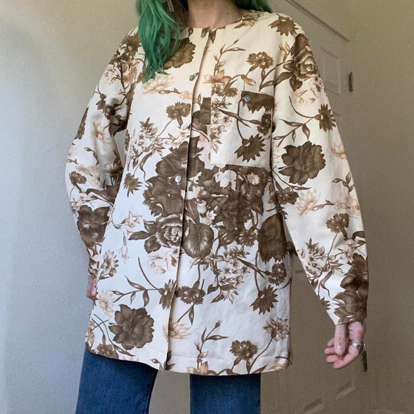 80s 90s vintage muted earth tone floral linen/silk blouse by Rafaella