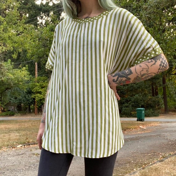 80s Vintage Olive Green Striped Shirt Dress With Polka Dot Trim by Secendo Etsy