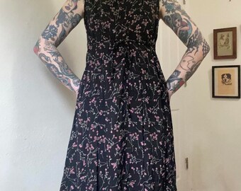 90s vintage black floral baby doll dress