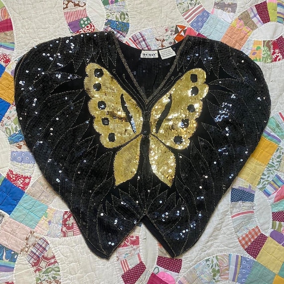 80s vintage SHOMAX black and gold silk sequins bu… - image 7