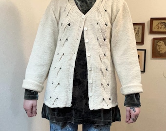 70s Vintage Embroidered Floral Cardigan: Ivory Knit Sweater Small