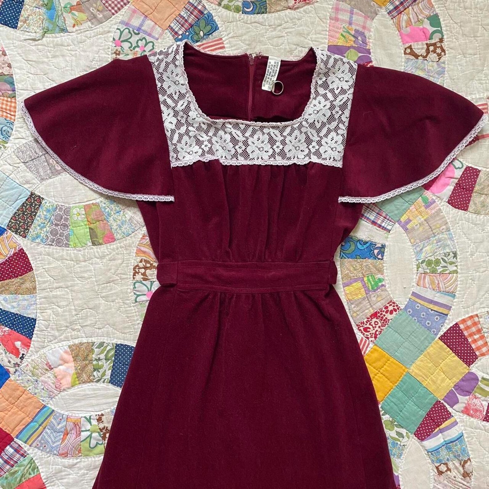 70s Vintage Burgundy and Lace Flutter Sleeve Babydoll Maxi Dress Etsy