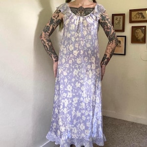 90s vintage satiny lavender abstract floral print maxi slip dress