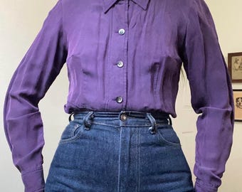 Y2K designer purple silk structured peplum blouse