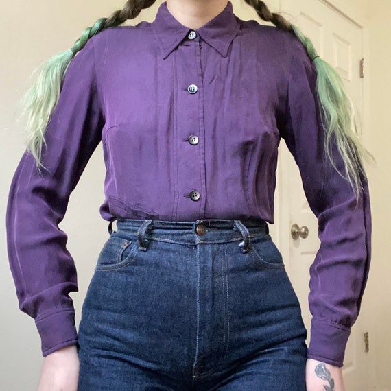 Y2K designer purple silk structured peplum blouse - image 6