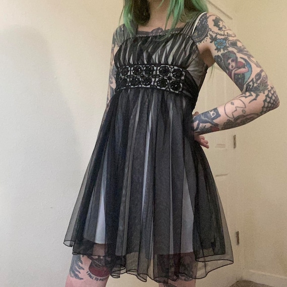 90s vintage Black mesh milkmaid babydoll dress
