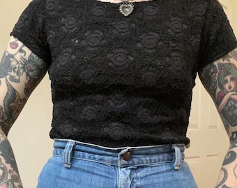 90s vintage semi sheer black floral lace babydoll top
