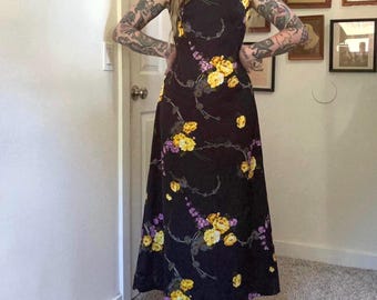 70s vintage black floral print maxi dress