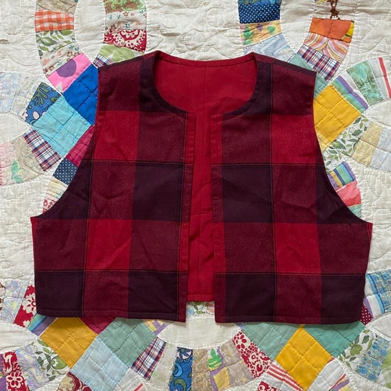 70s 80s vintage red and plaid cropped vest - image 7