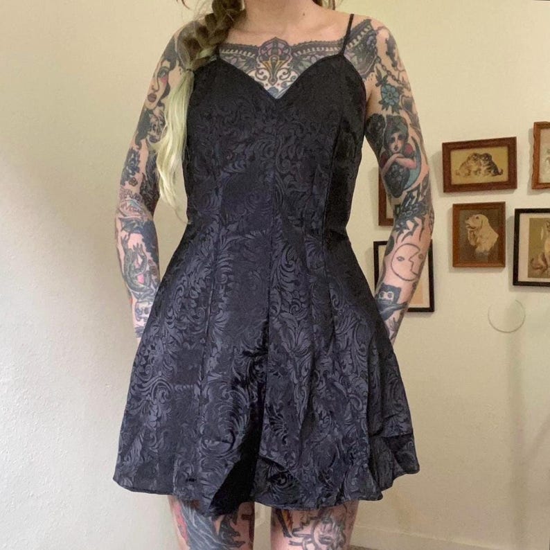 80s vintage black filagree paisley mini slip dress image 3
