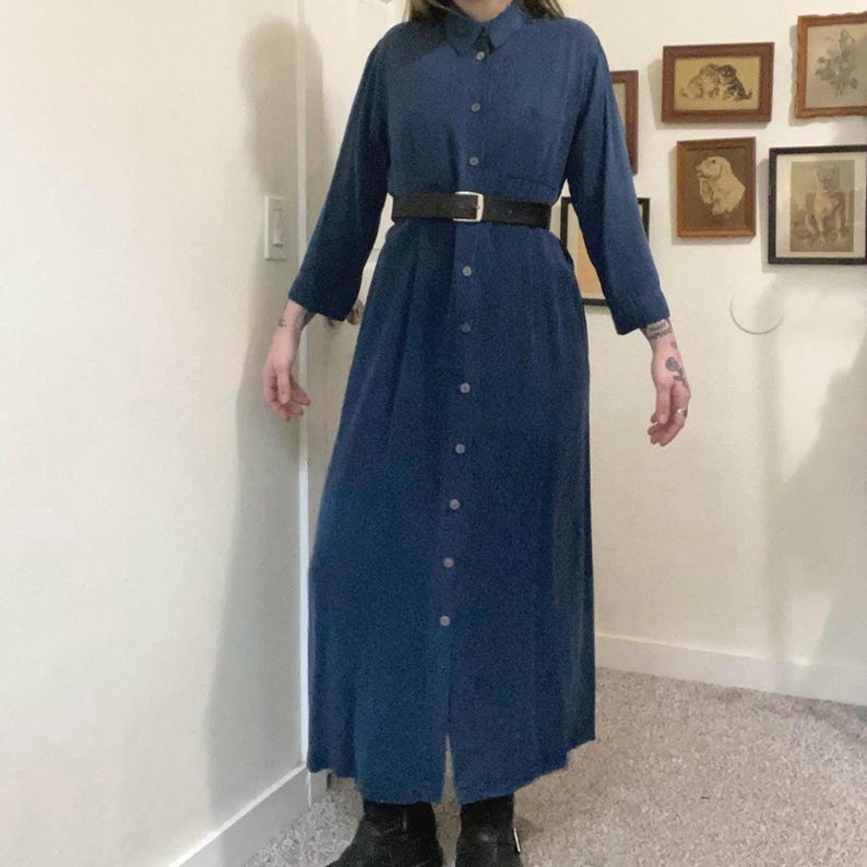 Vestido largo con botones de tencel azul aciano vintage de los años 80 y 90 imagen 2