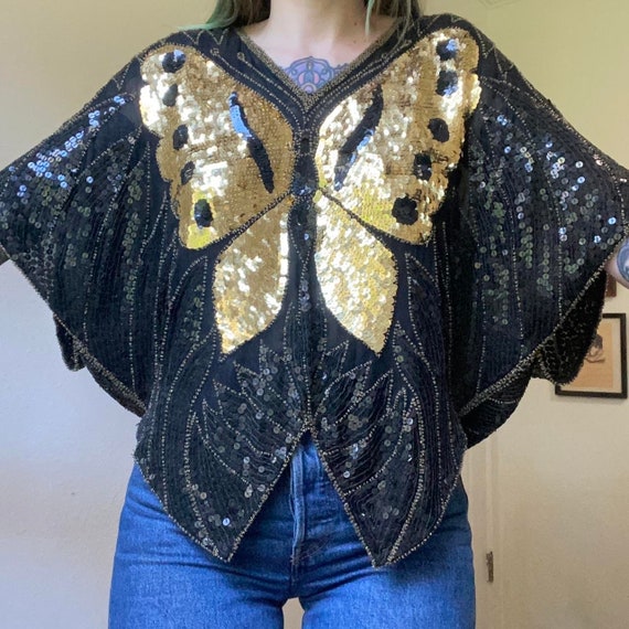 80s vintage SHOMAX black and gold silk sequins bu… - image 1