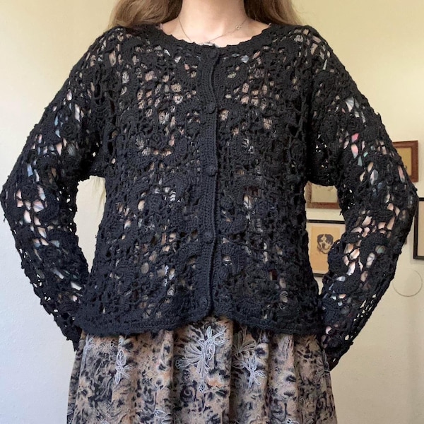 Vintage black cotton crochet cardigan