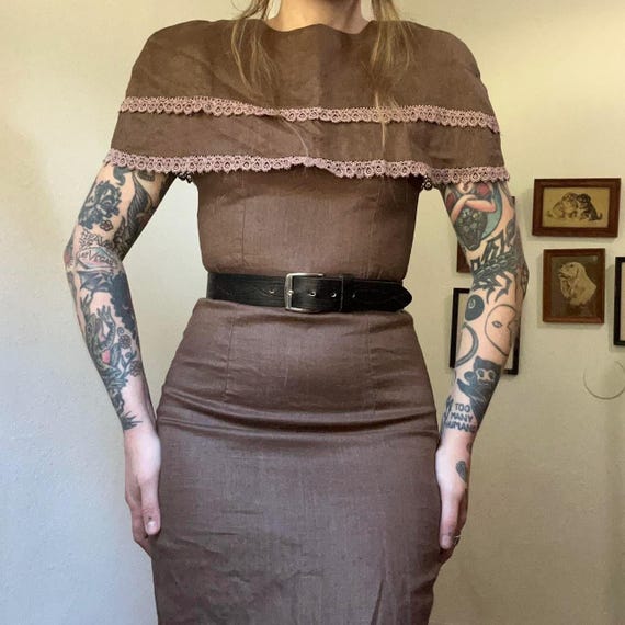brown wiggle dress 70s 80s Vintage Mocha Brown Linen Wiggle Dress With Pink Lace Trim