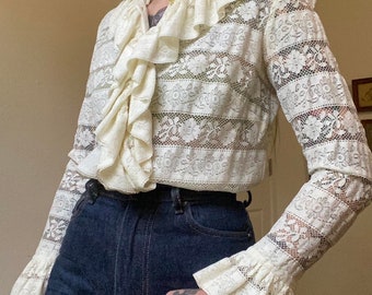 1960s vintage Malbe Original cream sheer lace ruffle collar blouse
