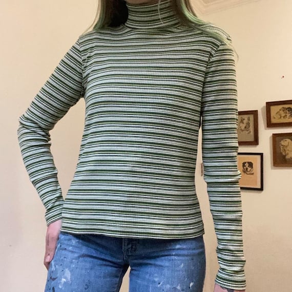 90s vintage ribbed knit green tone striped turtle… - image 6