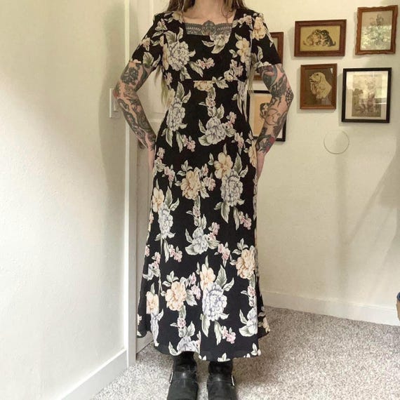 80s 90s Vintage Black Floral Babydoll Maxi Dress 80s 90s Vintage Black Floral Babydoll Maxi Dress