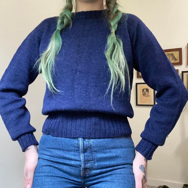 1940s vintage hand knit wool navy blue sweater