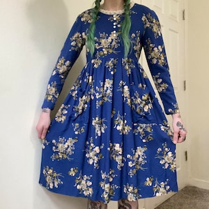 80s 90s vintage lace collar blue floral long sleeve babydoll midi dress with pockets