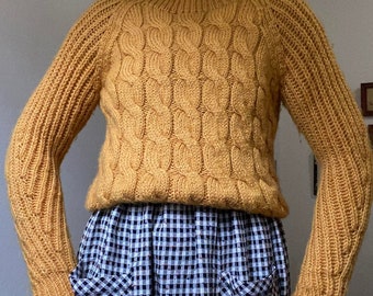 Vintage chunky handknit mustard raglan mock neck mohair blend sweater