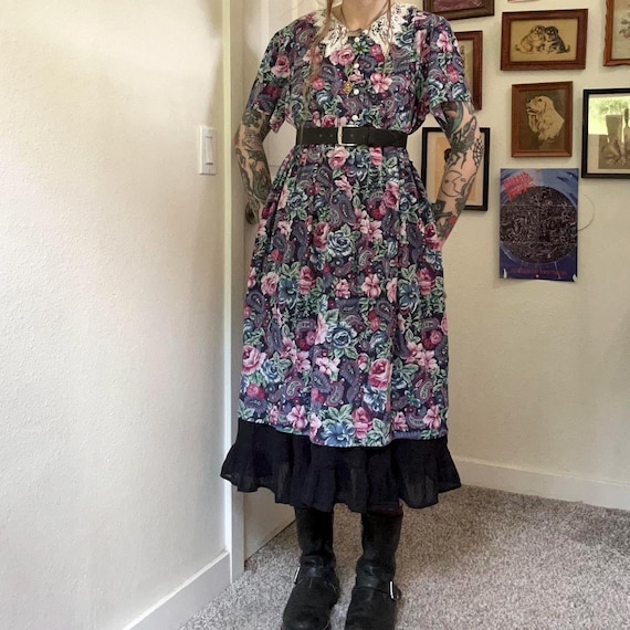 80s 90s vintage floral paisley lace collar babydoll midi dress