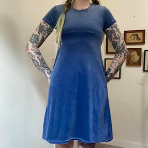 Vintage blue velvet floral embroidered babydoll dress