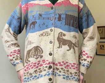 80s 90s vintage farm scenic horse and dog graphic cardigan sweater