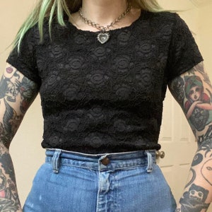 90s vintage semi sheer black floral lace babydoll top