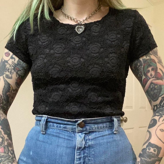 トップス vintage Black sheer top antique lace Antique Edwardian Black Lace Top - Raleigh Vintage