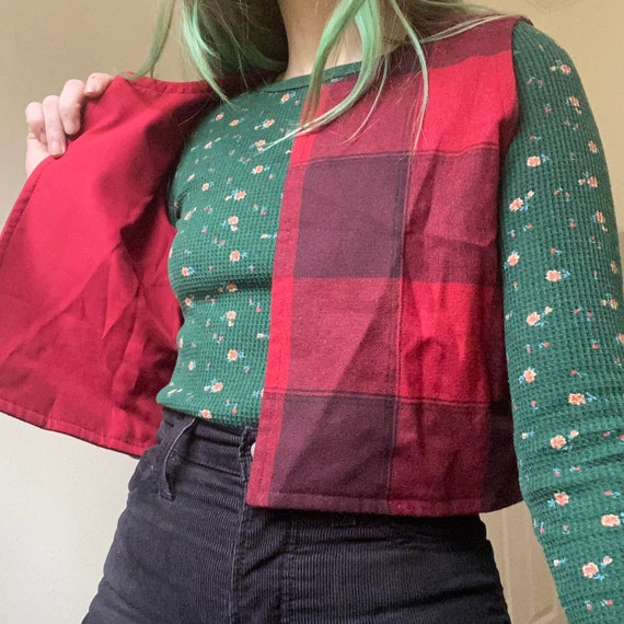 70s 80s vintage red and plaid cropped vest - image 3