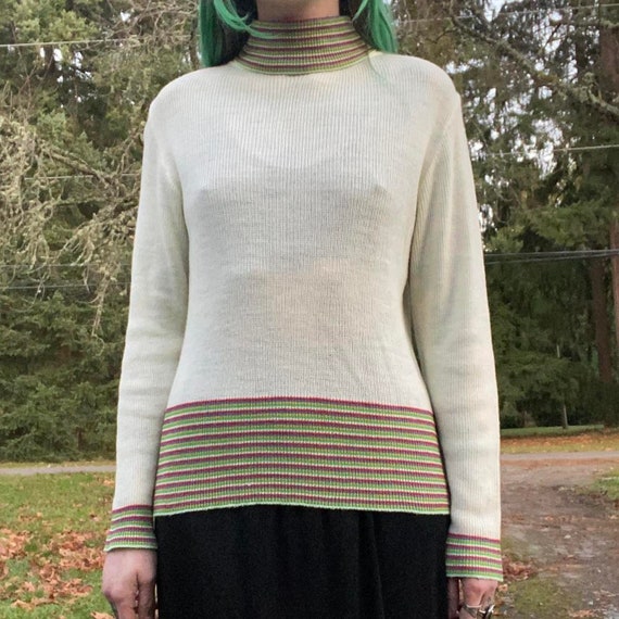 60s vintage semi sheer rainbow striped turtleneck… - image 2