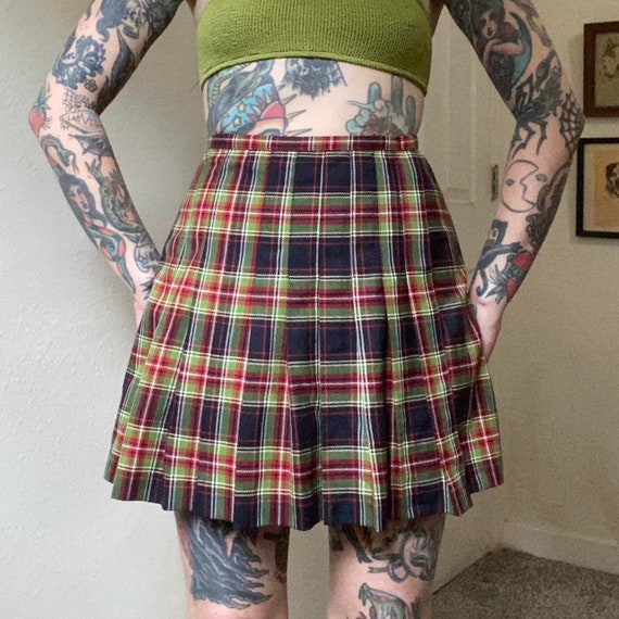 90s vintage plaid pleated wrap mini skirt - image 1