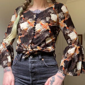 60s vintage abstract print belled sleeve blouse