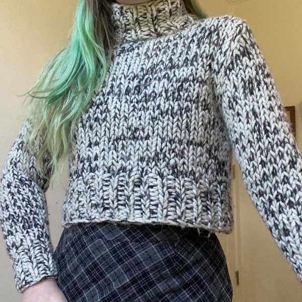 Vintage salt and pepper shaggy chunky knit cropped turtleneck sweater