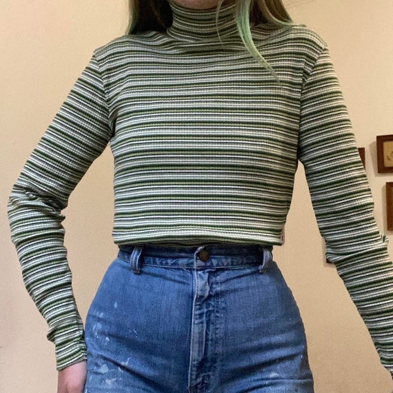 90s vintage ribbed knit green tone striped turtle… - image 5